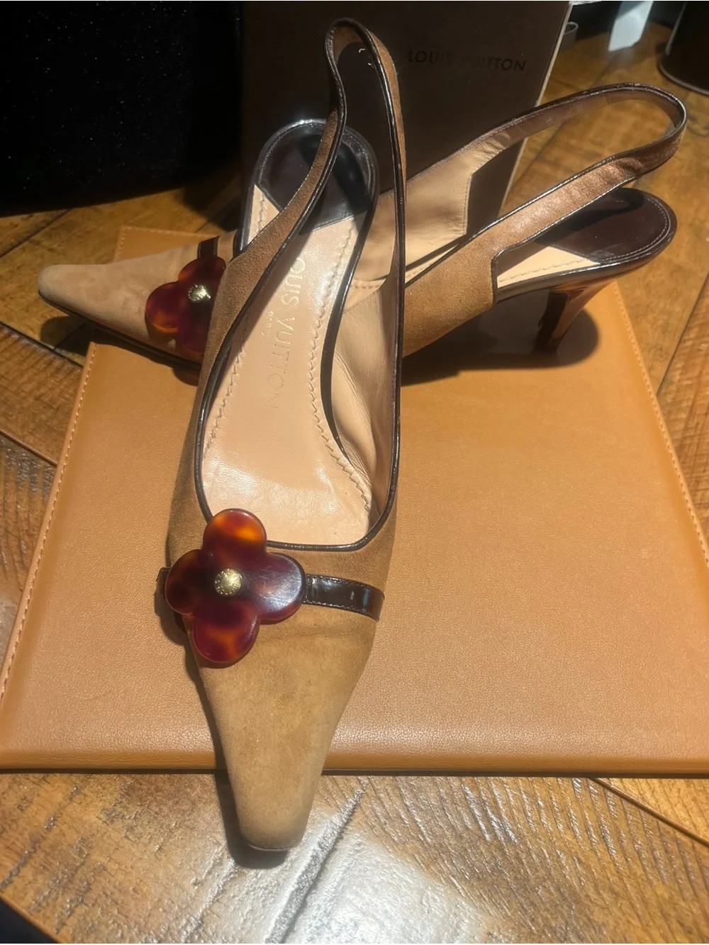 Louis Vuitton Vintage Camel Brown Slingback Kitten Heels with Floral Accent